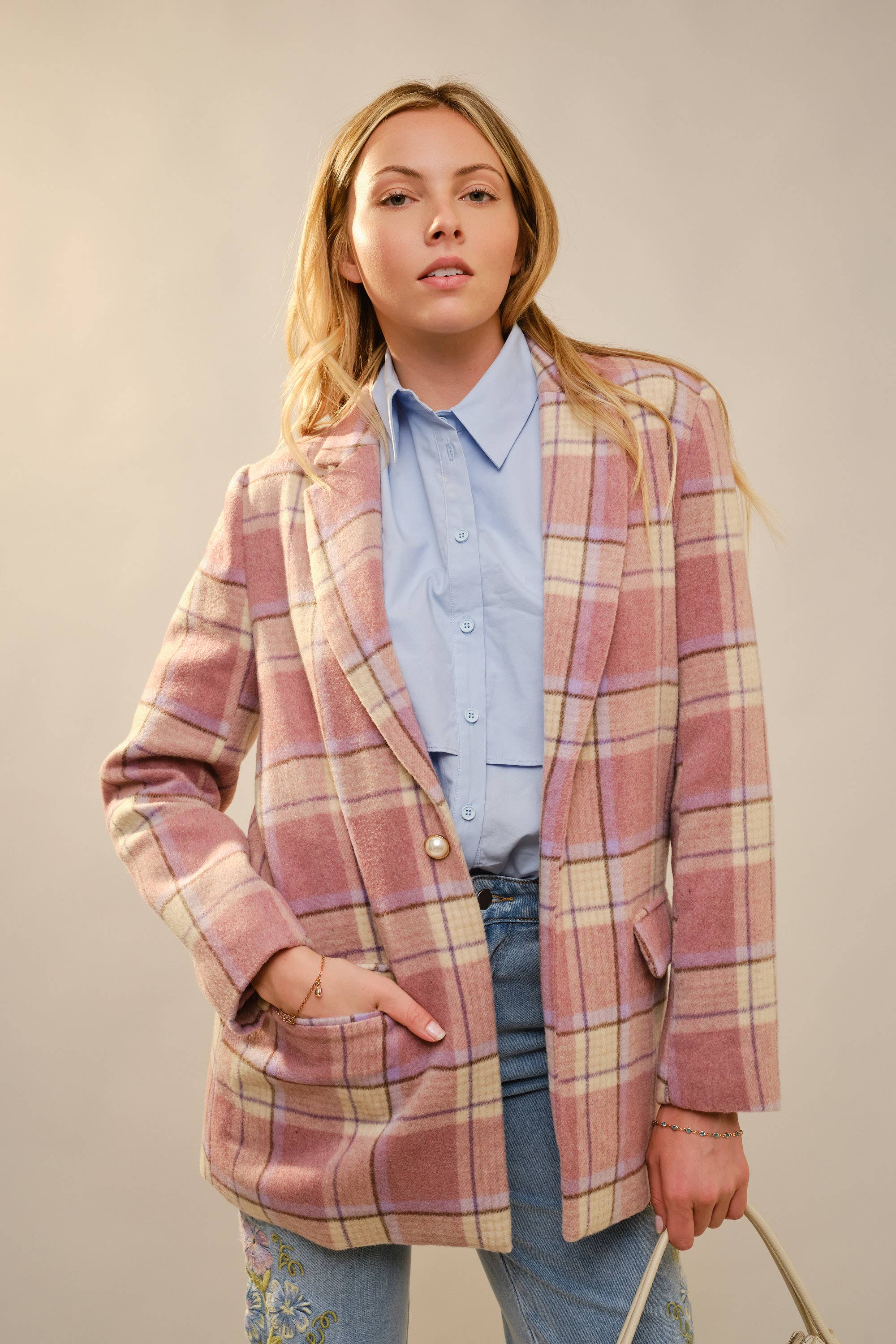 Plaid Perle Button Blazer