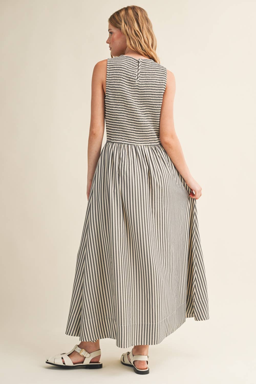 Streifengewebe Smocking Top Long Dress