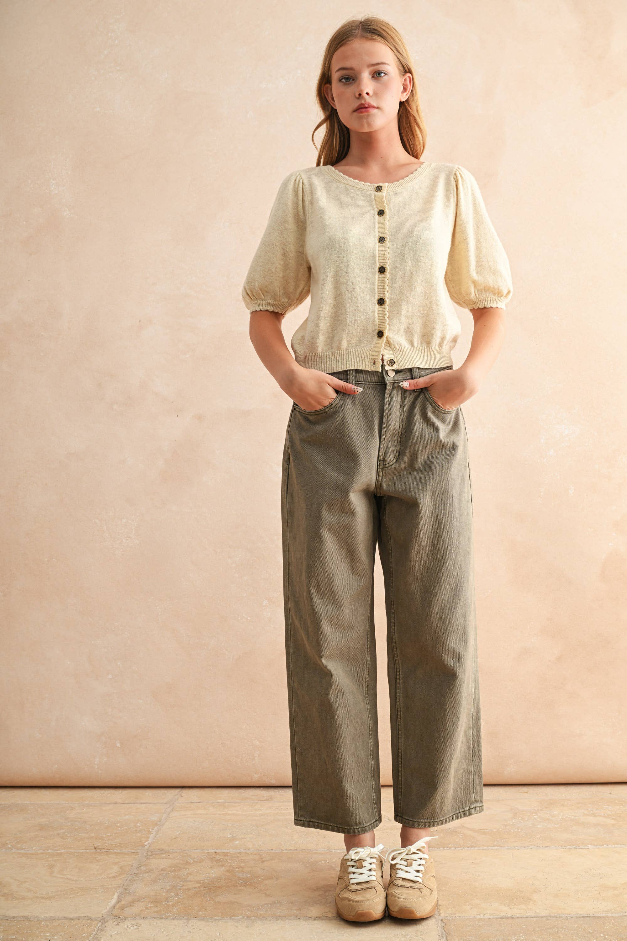 Puff Kurzarm Button Down Strick Cardigan