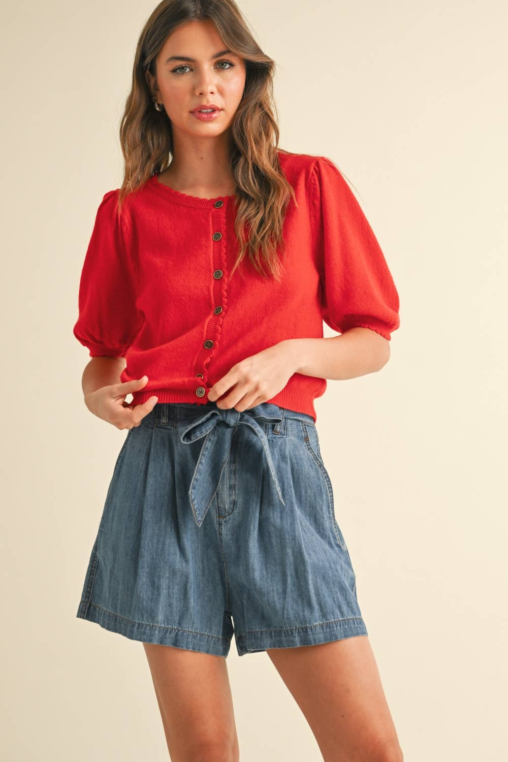 Puff Kurzarm Button Down Strick Cardigan