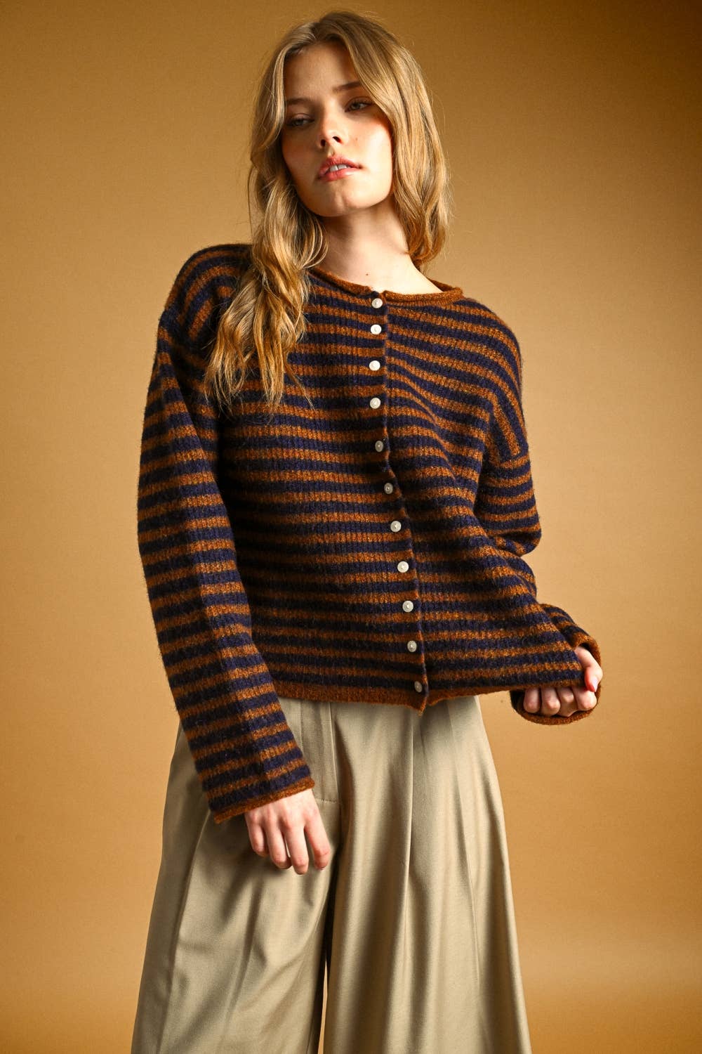 Striped Button Front Pullover Cardigan