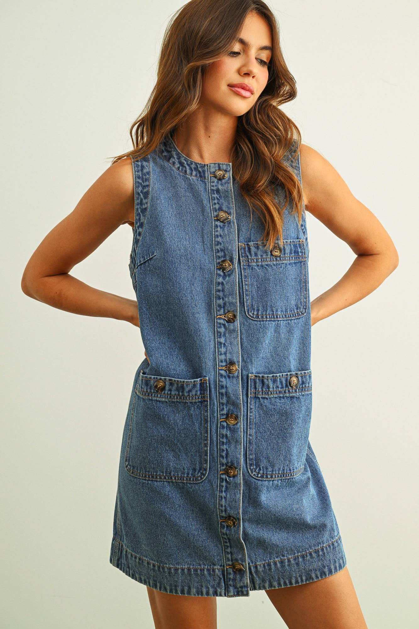 Ärmellos Button Front Wahres Denim-Kleid