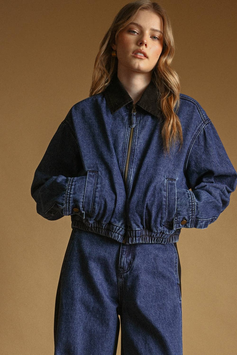 Kragenkontrast Zipper Front Bomber Denim Jacke