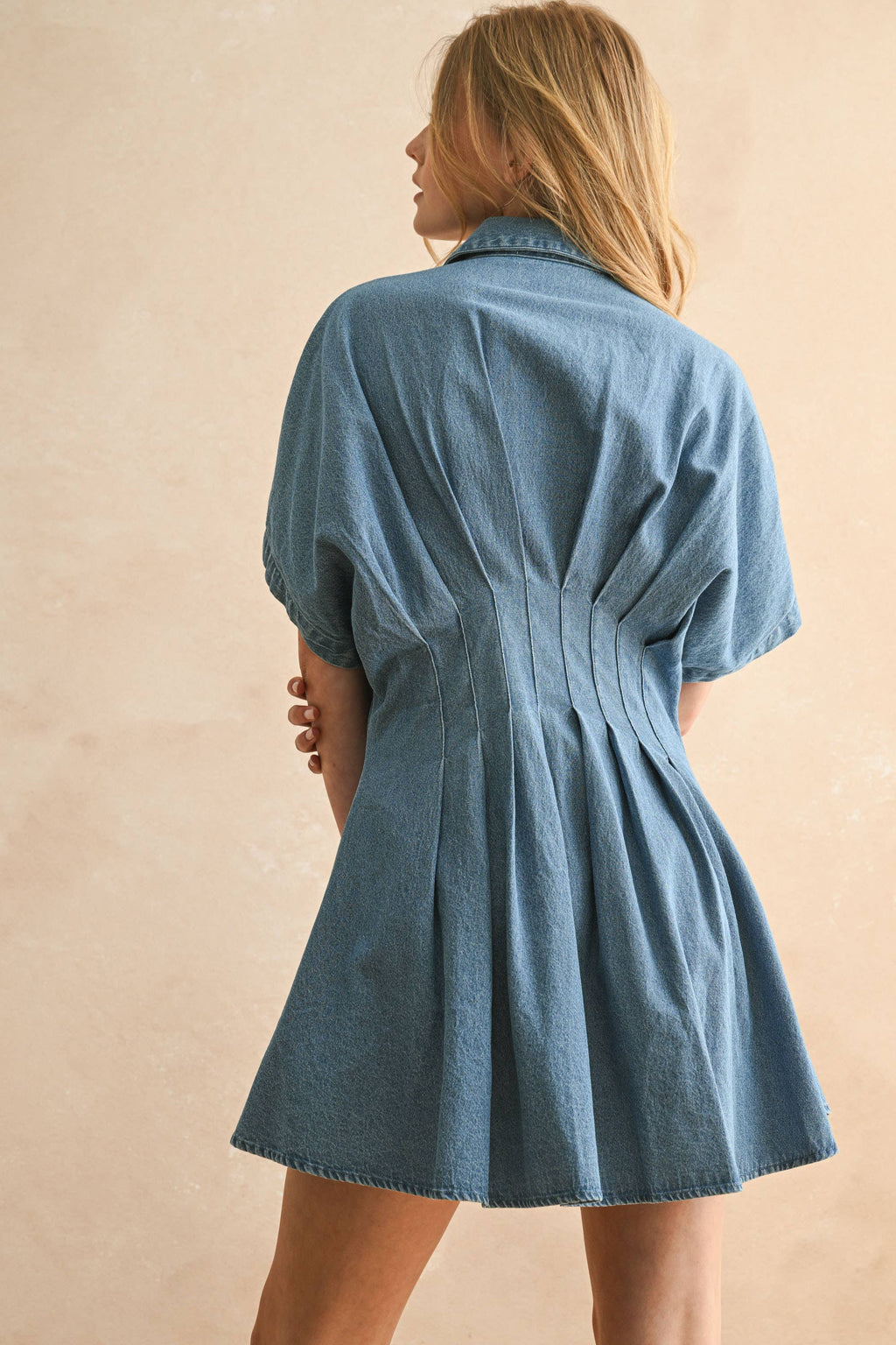 Chambray Denim Knopffront mit Pleat Detail Kleid