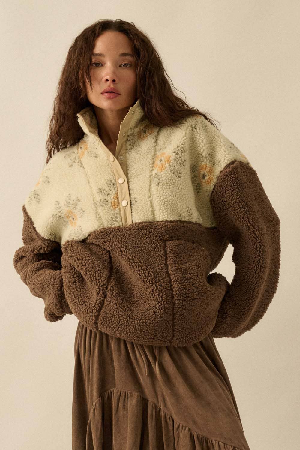 Colorblock Sherpa Fleece Halbschnapp-Pulloverjacke
