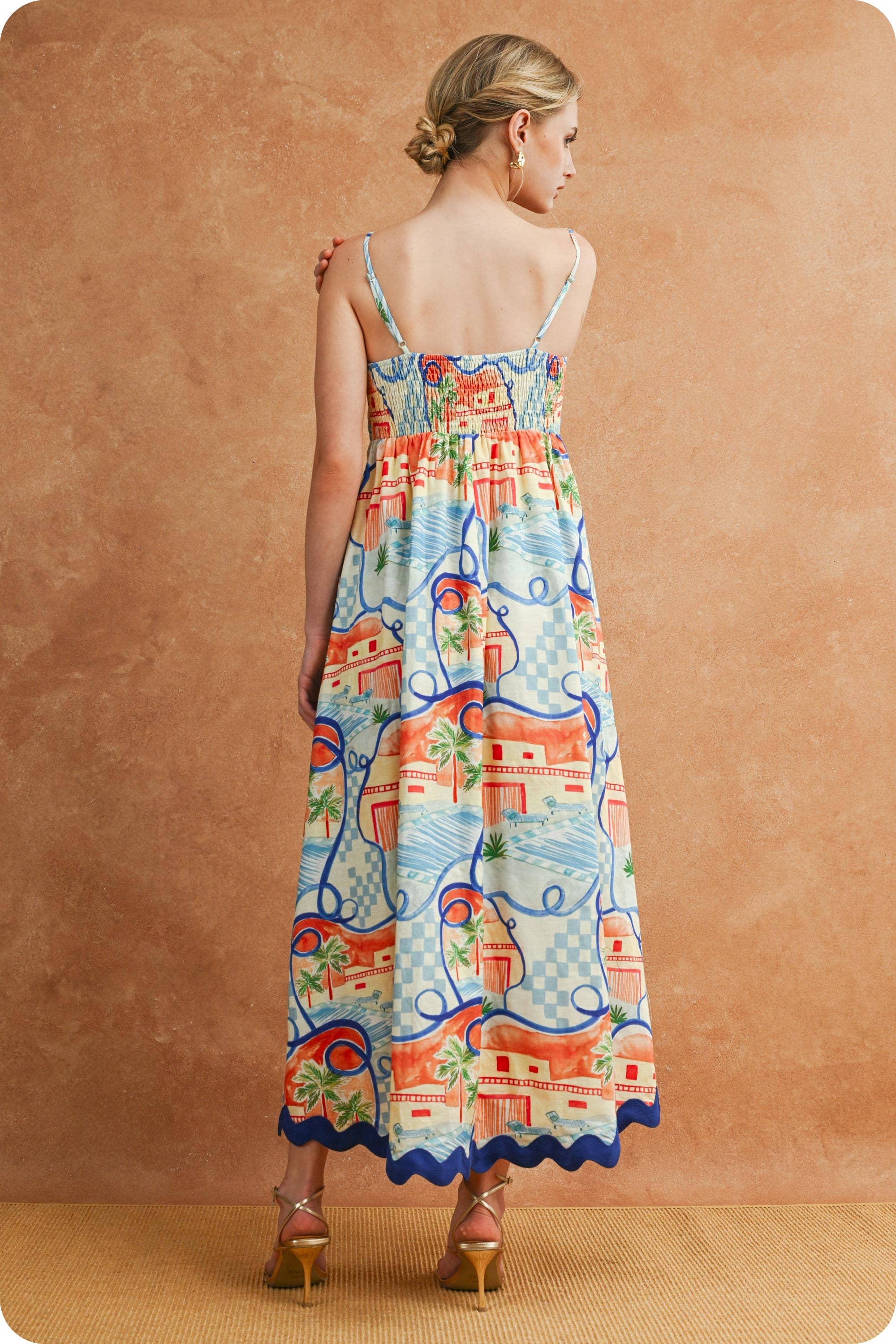 Riviera Dream Scalloped Ärmellos Midi Kleid