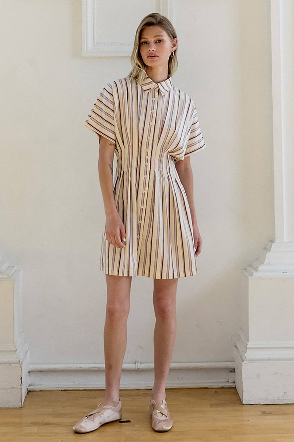 Stripe Dolman-Sleeve Button-Front Mini-Kleid
