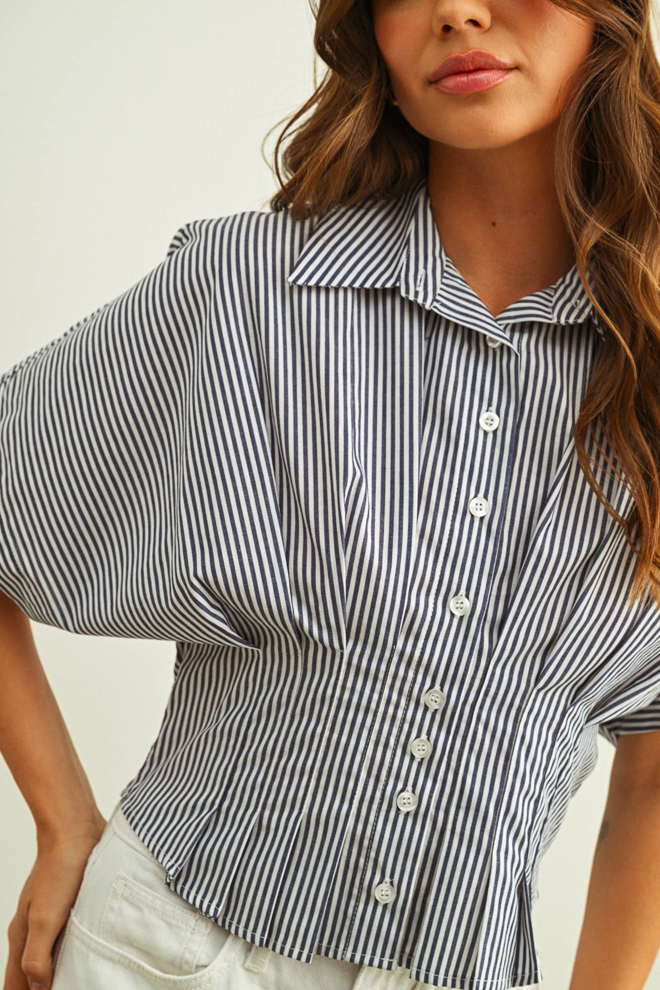 Stripe Button Front Shirt mit Pleated Taille Detail