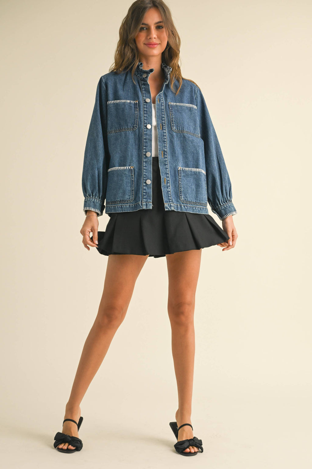 Stitch Detail Ruffled Denim Jacke