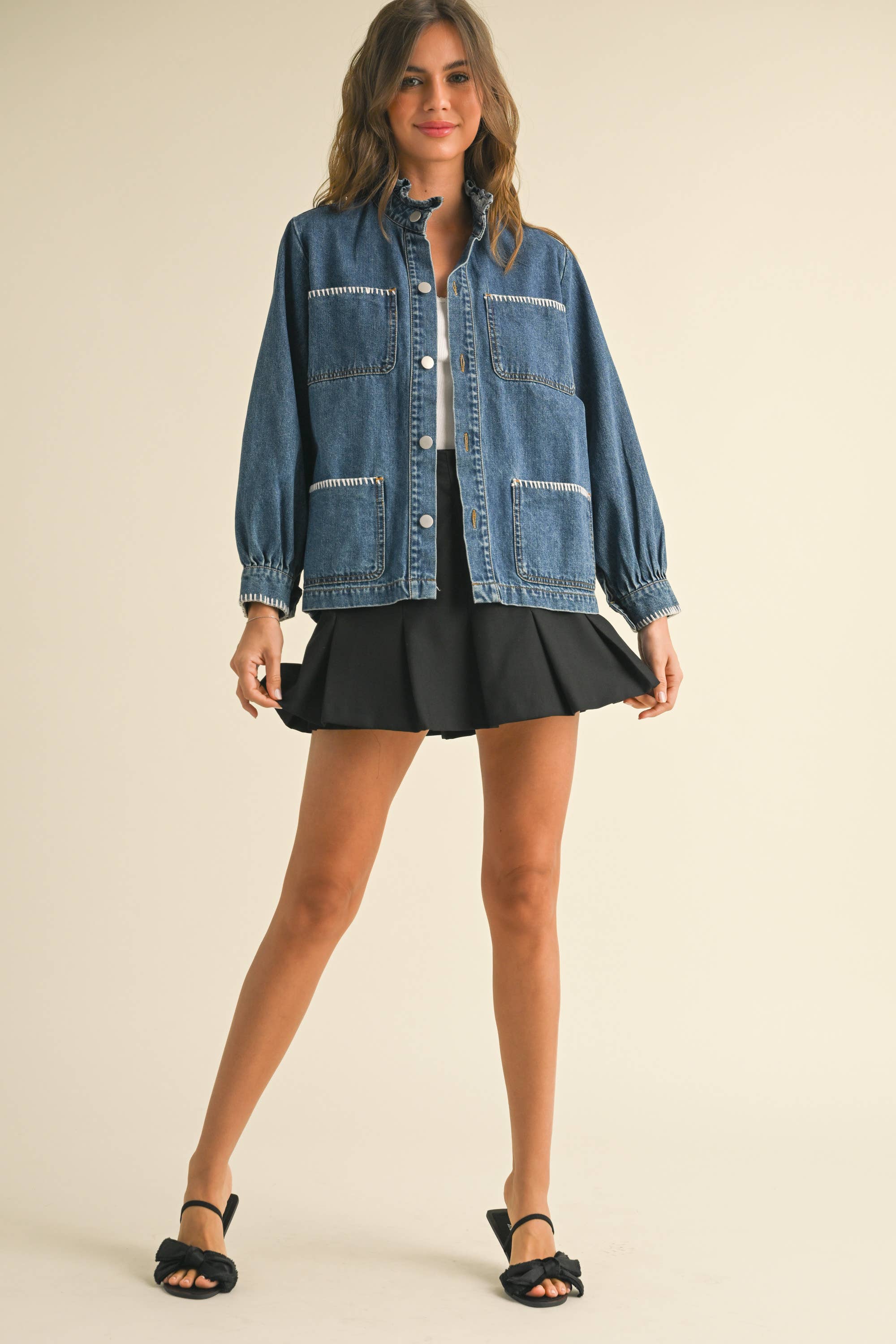 Stitch Detail Ruffled Denim Jacke