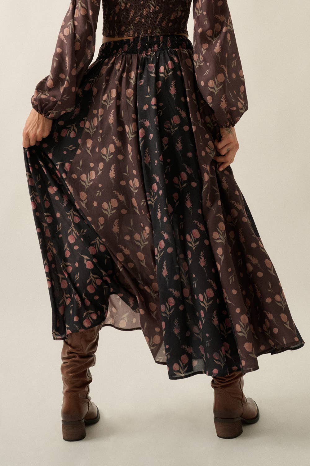 Blumen-Print gewebt Elastic-Waist Gathered Maxi Rock