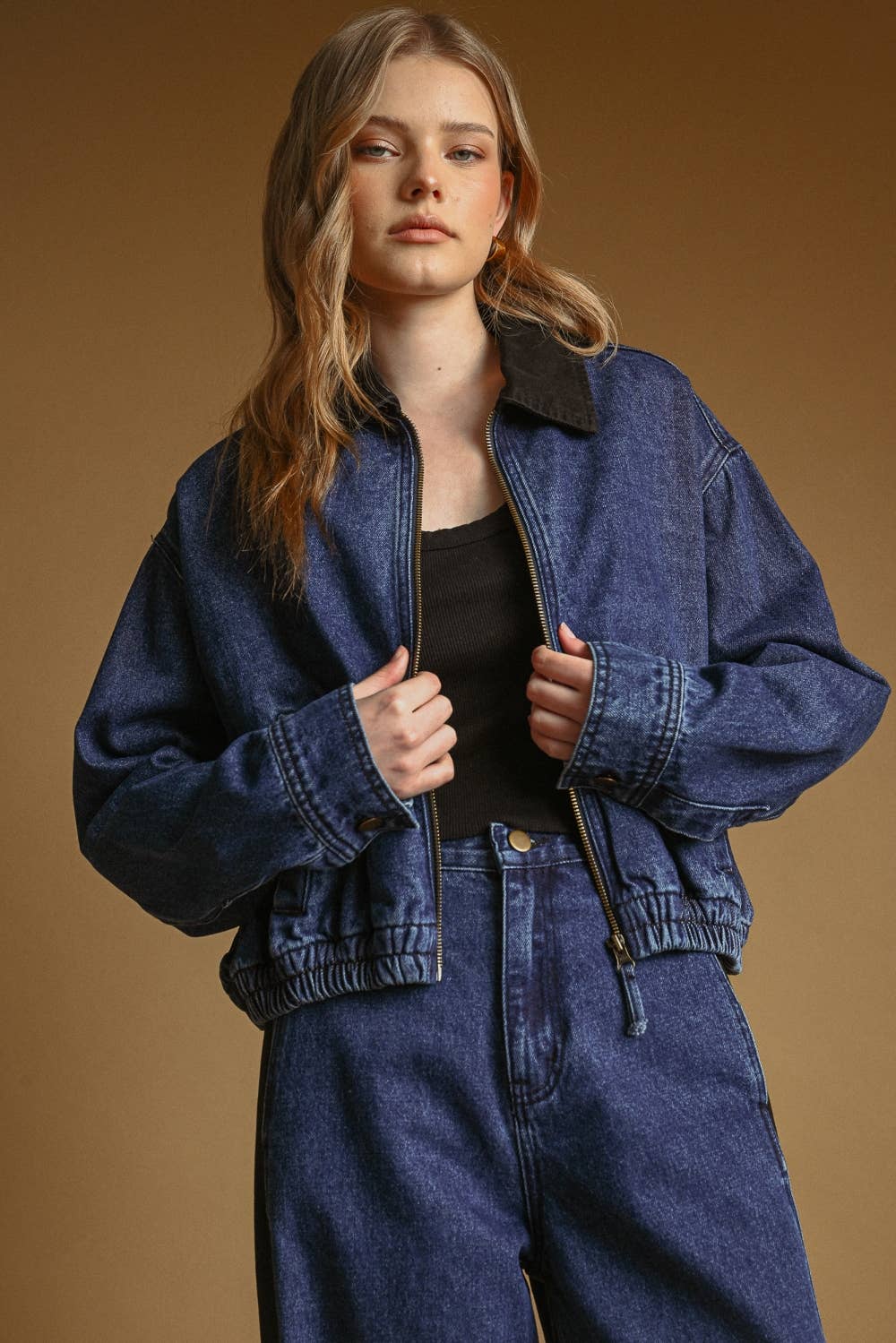 Kragenkontrast Zipper Front Bomber Denim Jacke