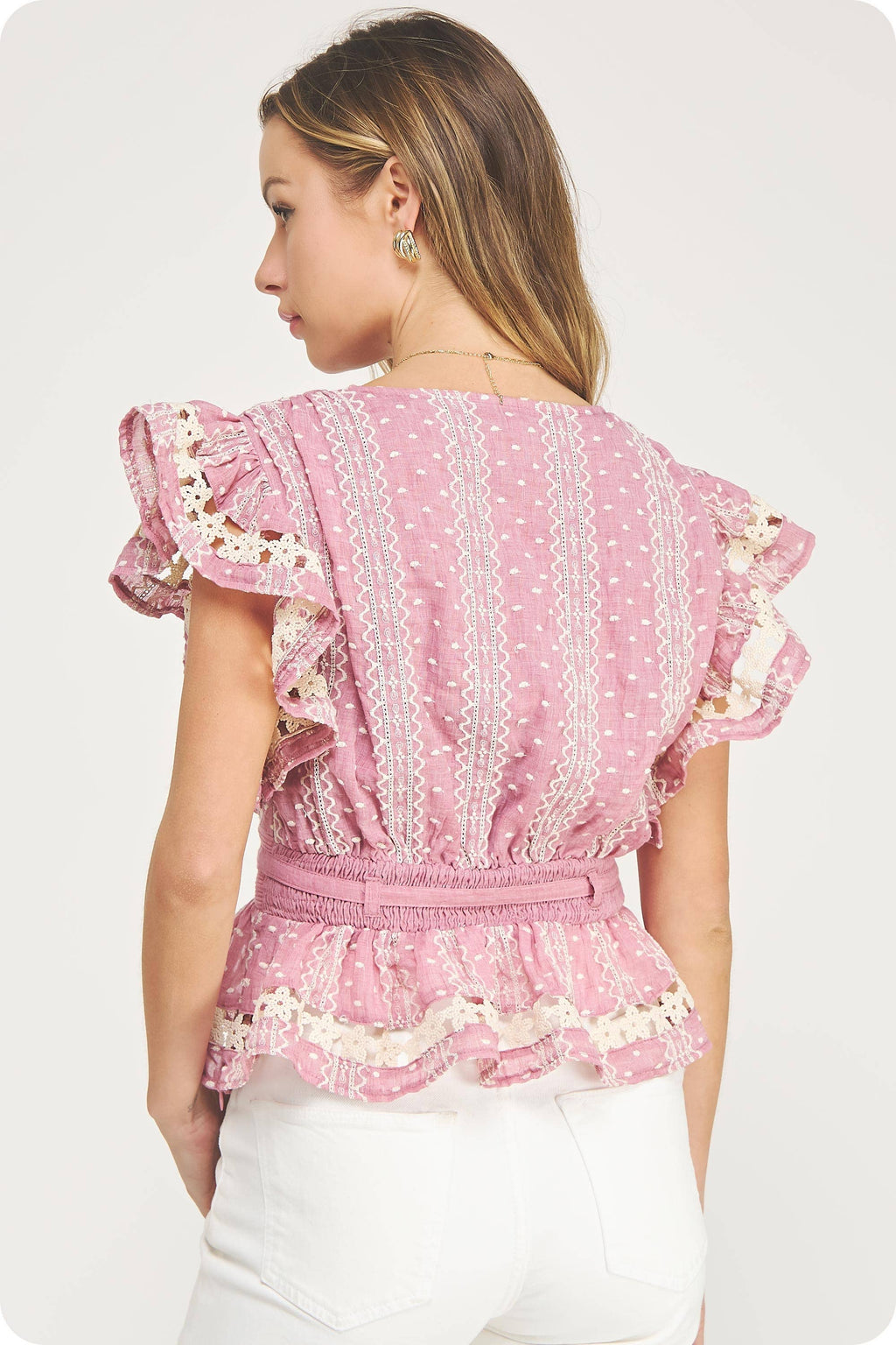Bestickte Flutter Sleeves Lace Trim Detail Top