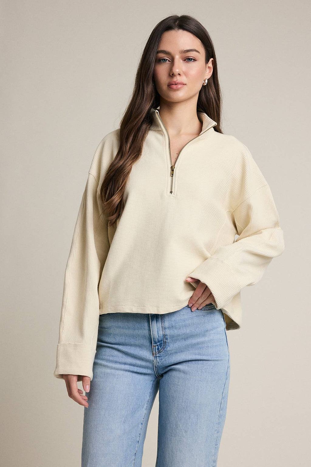Texturierte Half Zip Pullover Top