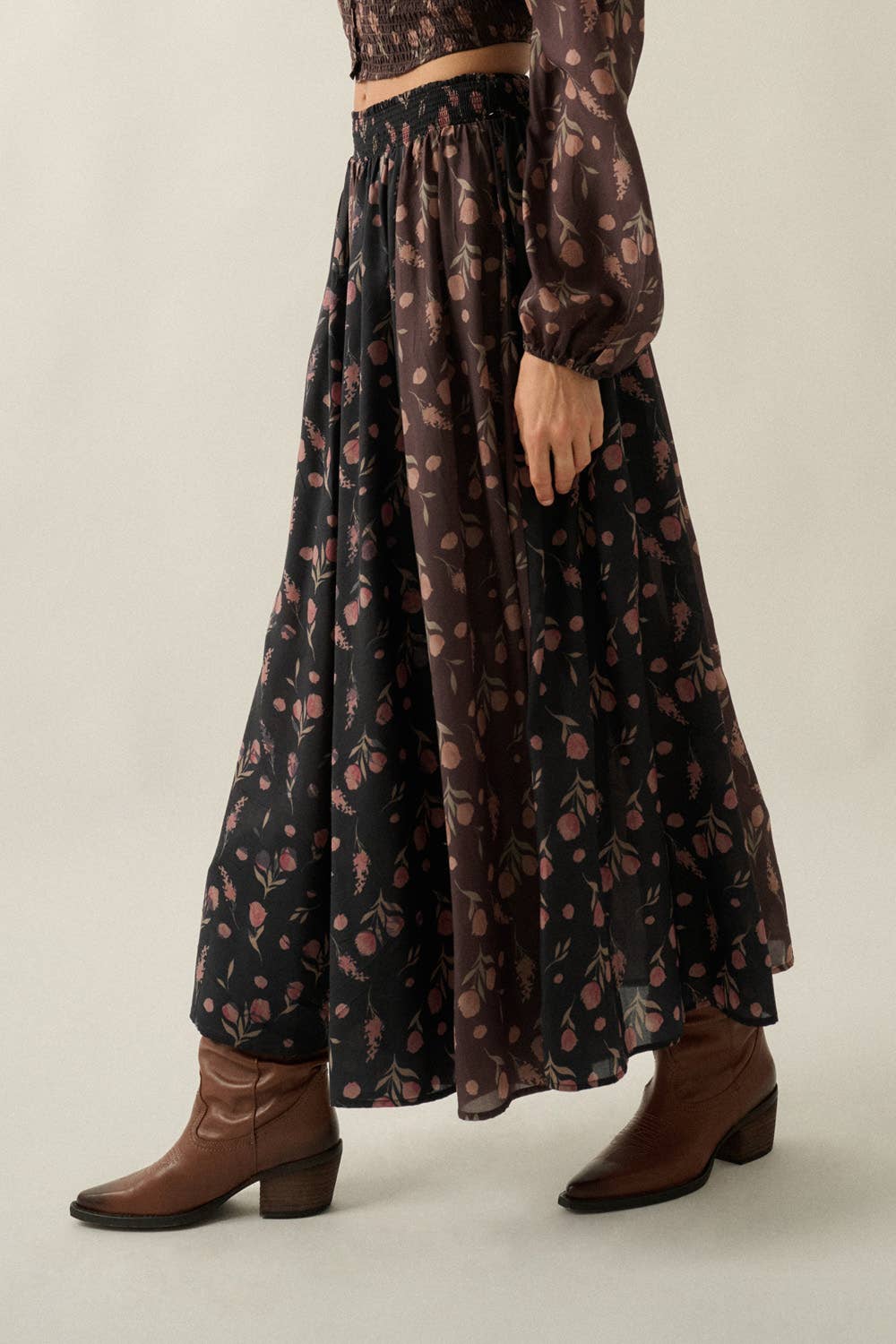 Blumen-Print gewebt Elastic-Waist Gathered Maxi Rock