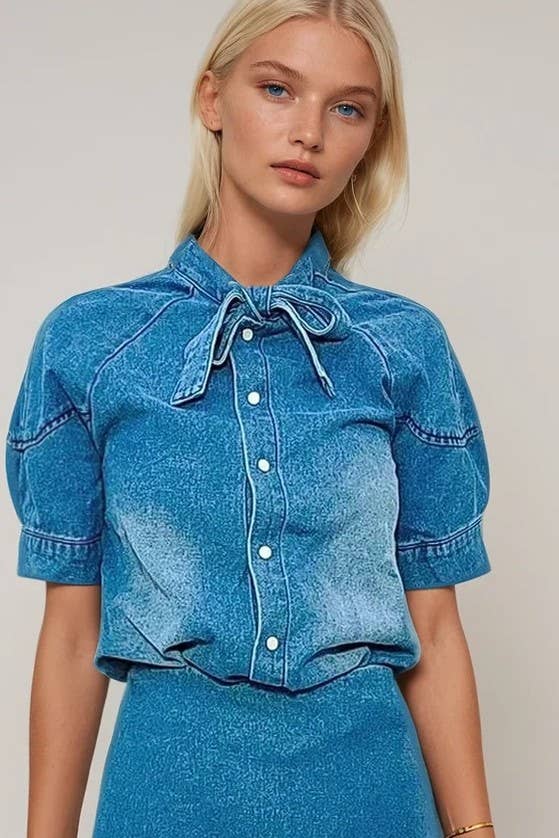Tie Neck Denim Blouse