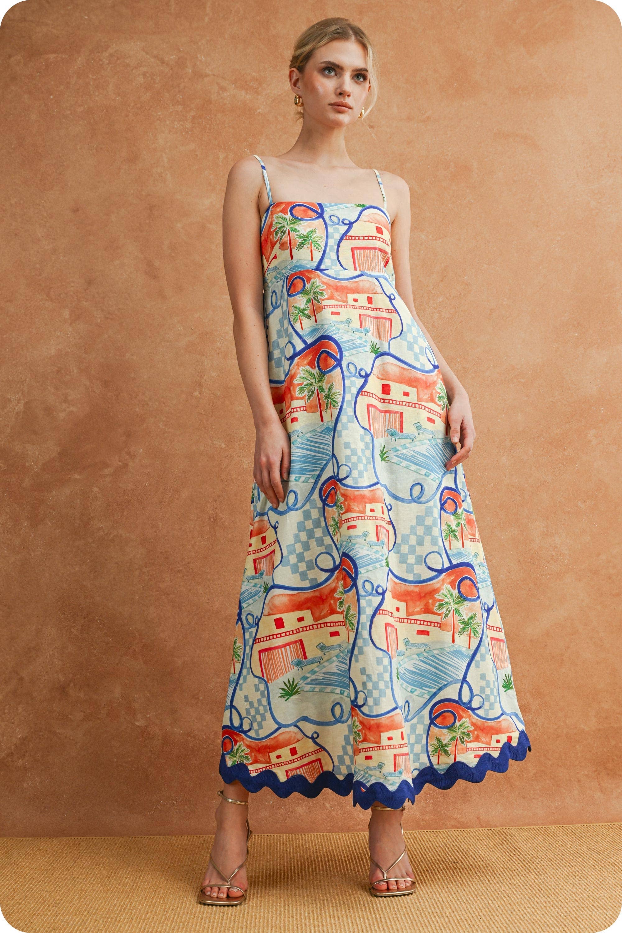 Riviera Dream Scalloped Ärmellos Midi Kleid