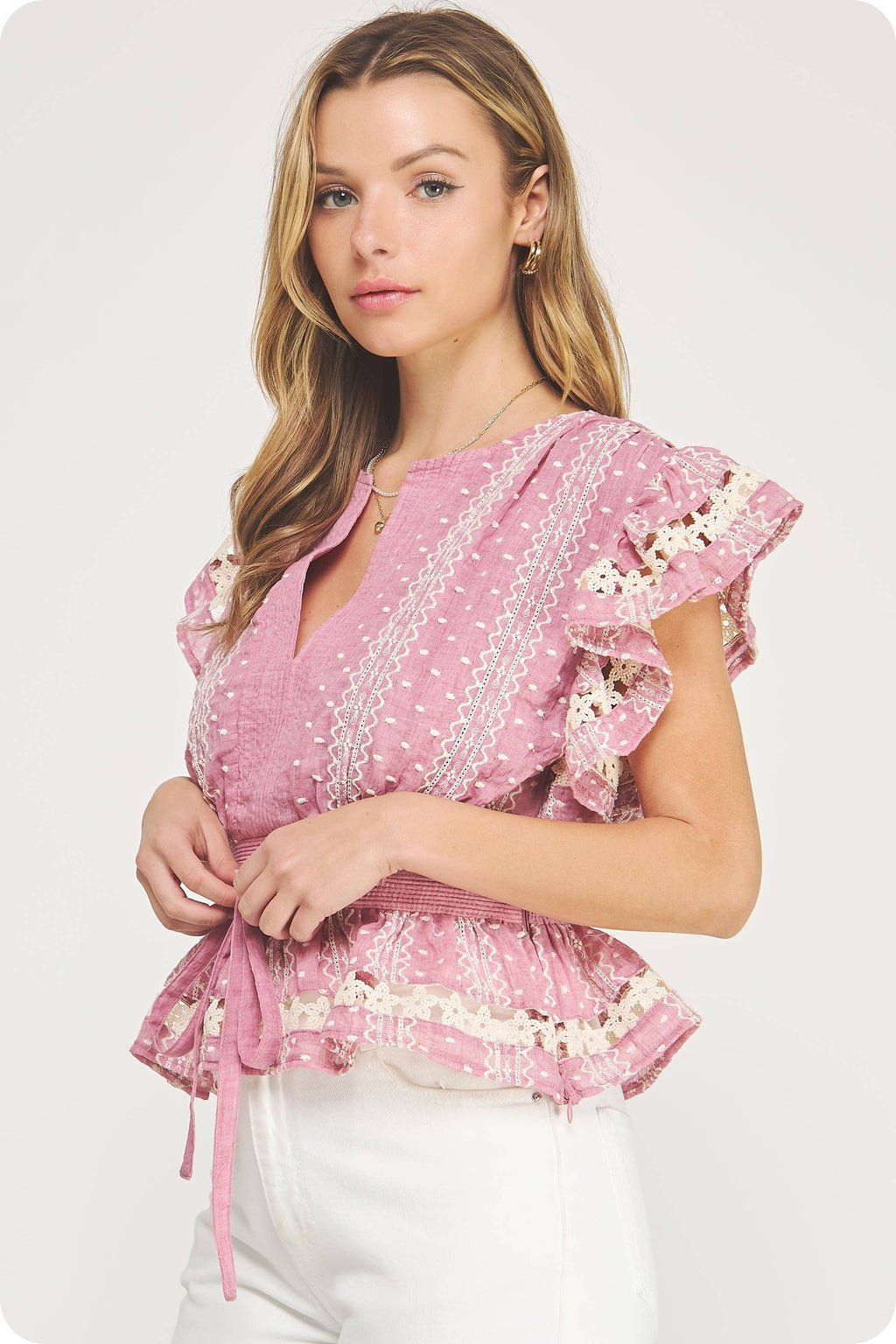 Bestickte Flutter Sleeves Lace Trim Detail Top