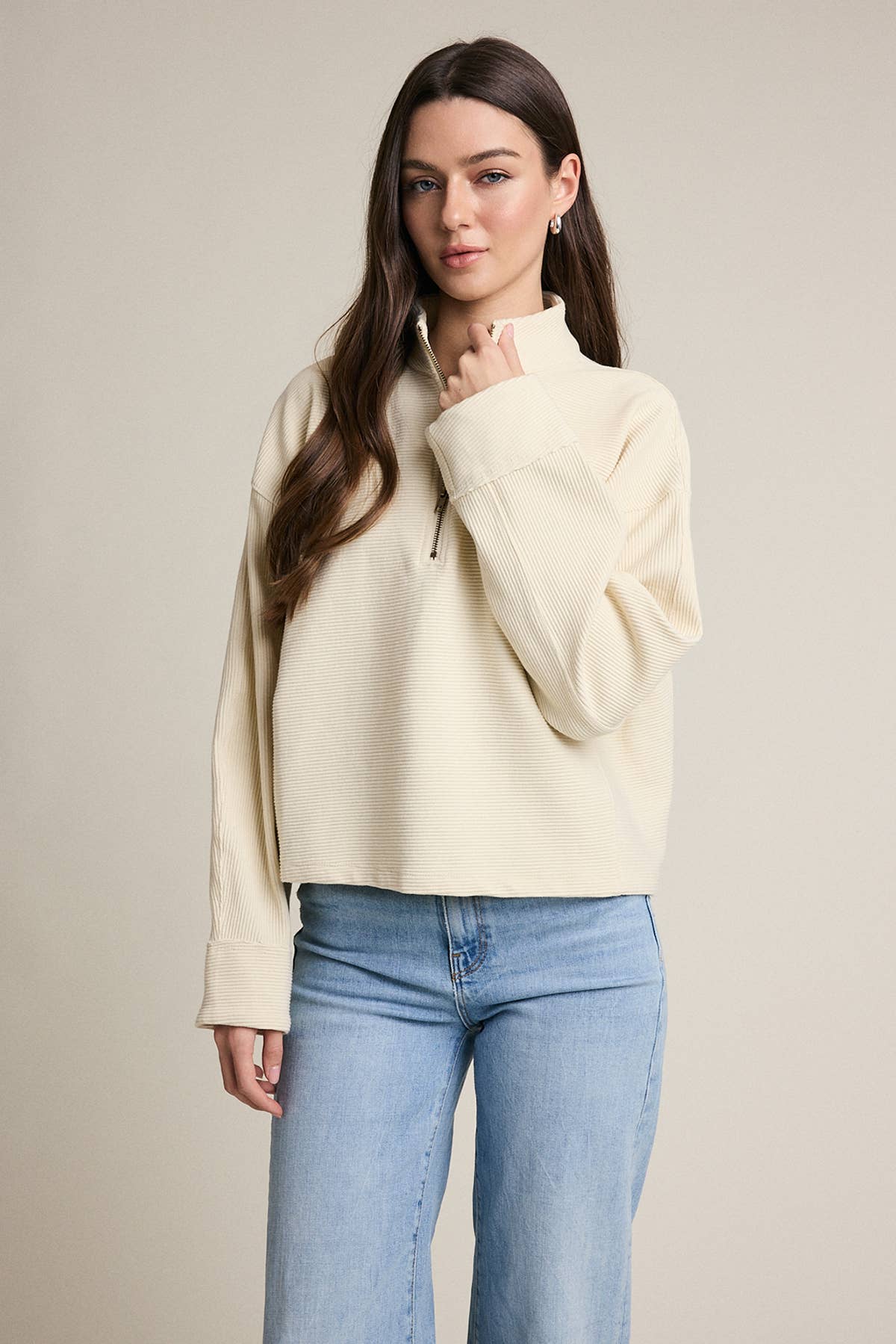 Texturierte Half Zip Pullover Top