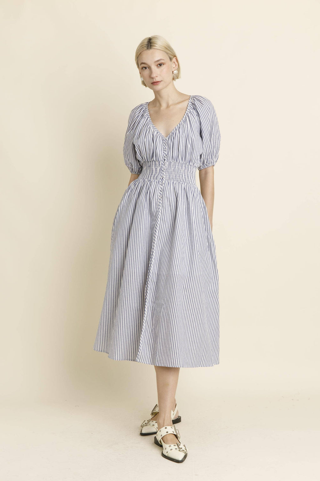 Striped Button Down Midi Kleid