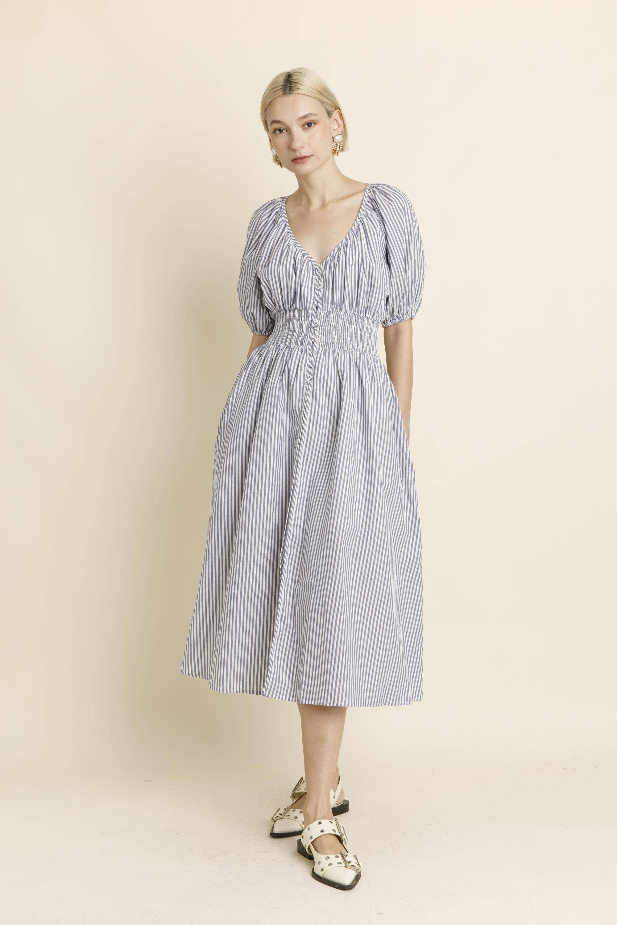 Striped Button Down Midi Kleid