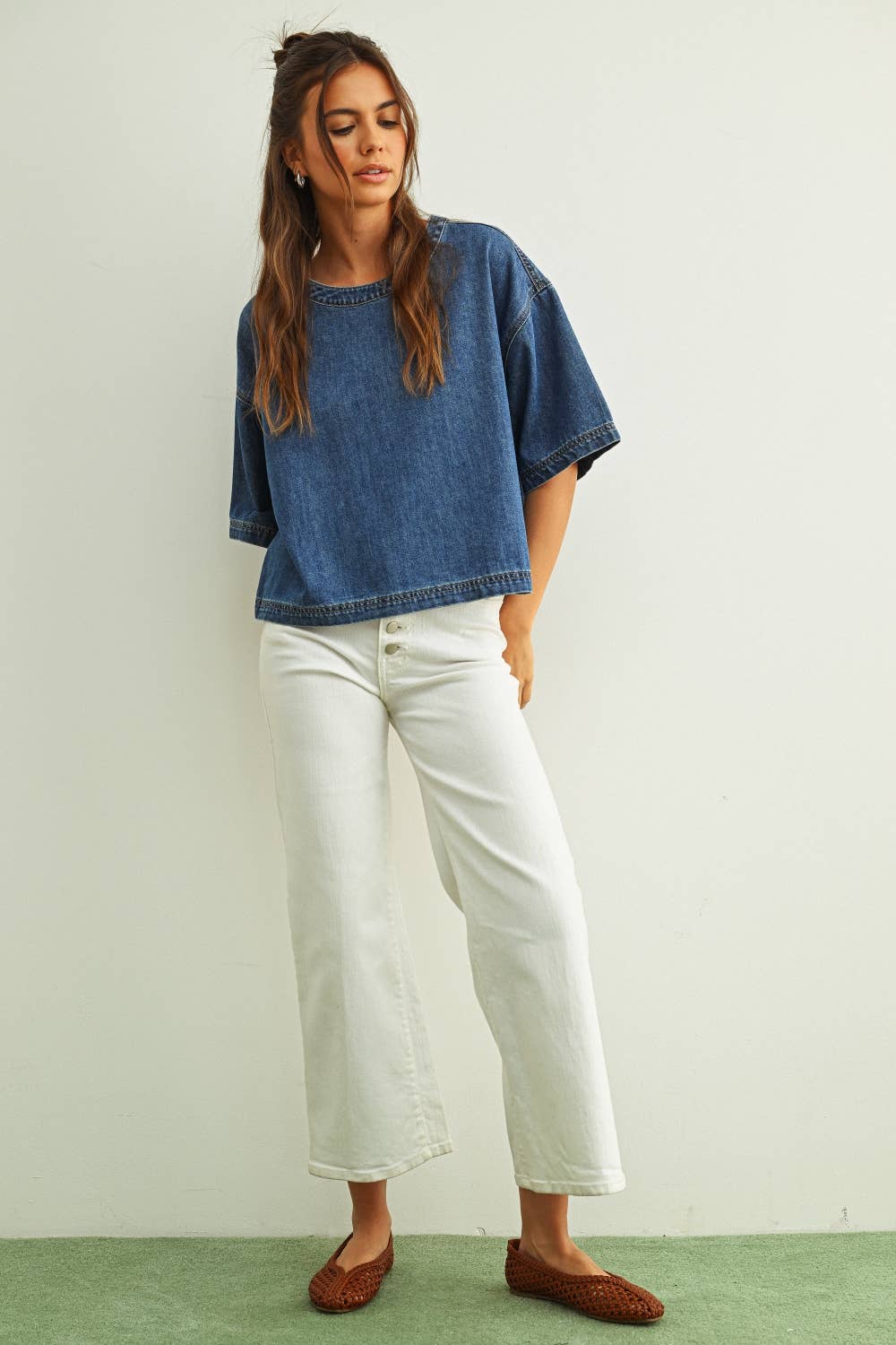Round Neck Kurzarm Denim Top
