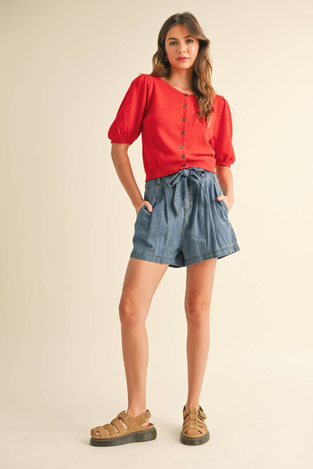 Puff Kurzarm Button Down Strick Cardigan