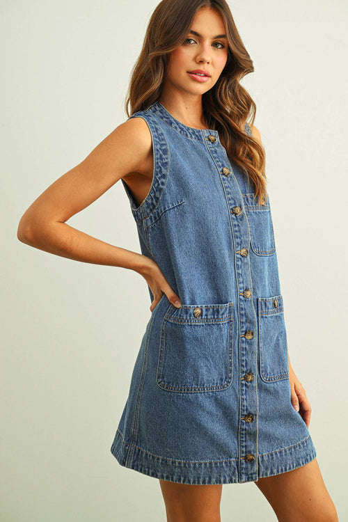 Ärmellos Button Front Wahres Denim-Kleid