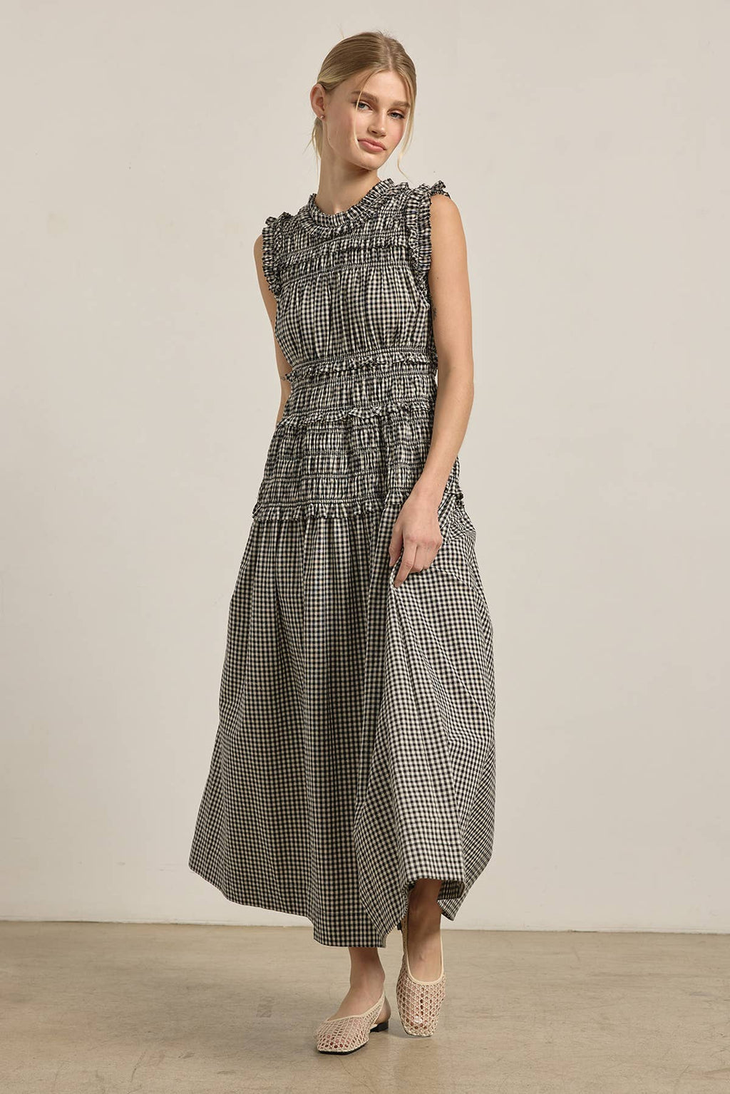 Geschmocktes Gingham Maxi Kleid