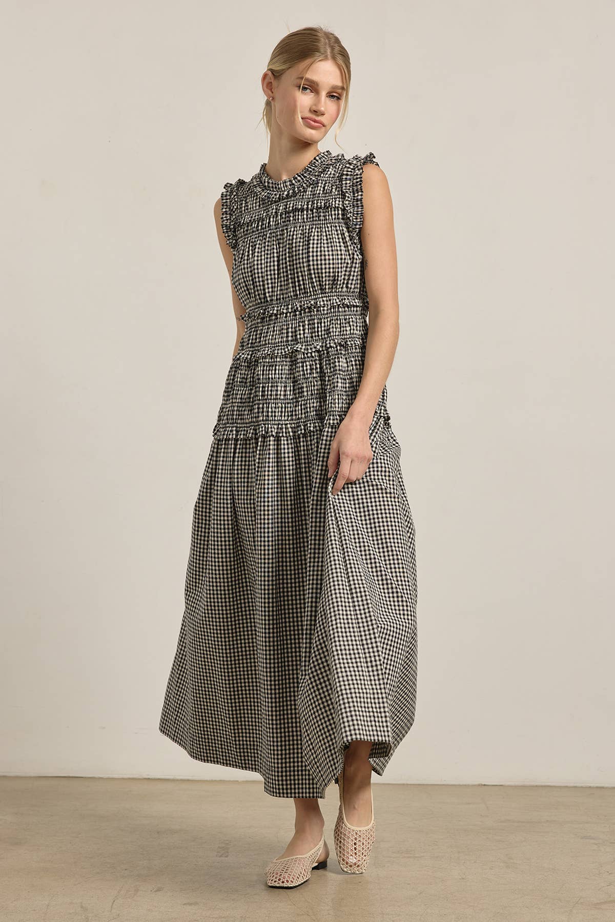Geschmocktes Gingham Maxi Kleid