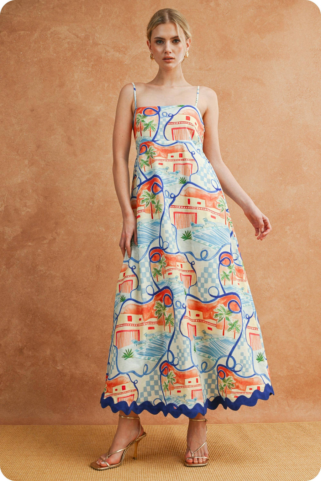 Riviera Dream Scalloped Ärmellos Midi Kleid