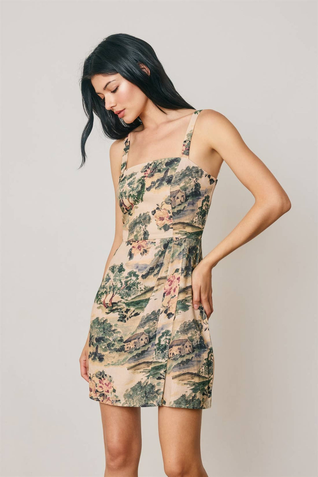 Toile Print Square Neck Mini-Kleid