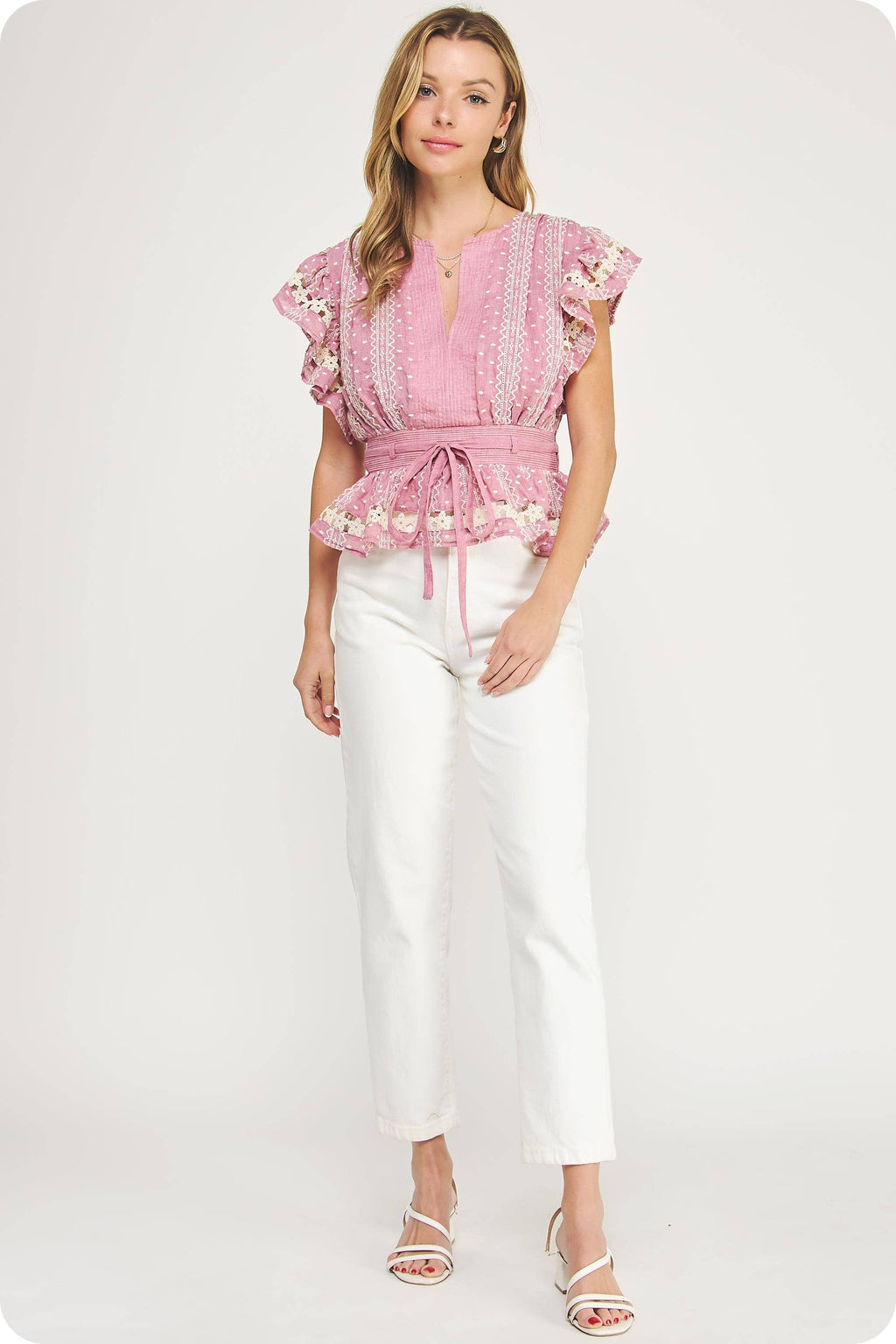 Bestickte Flutter Sleeves Lace Trim Detail Top