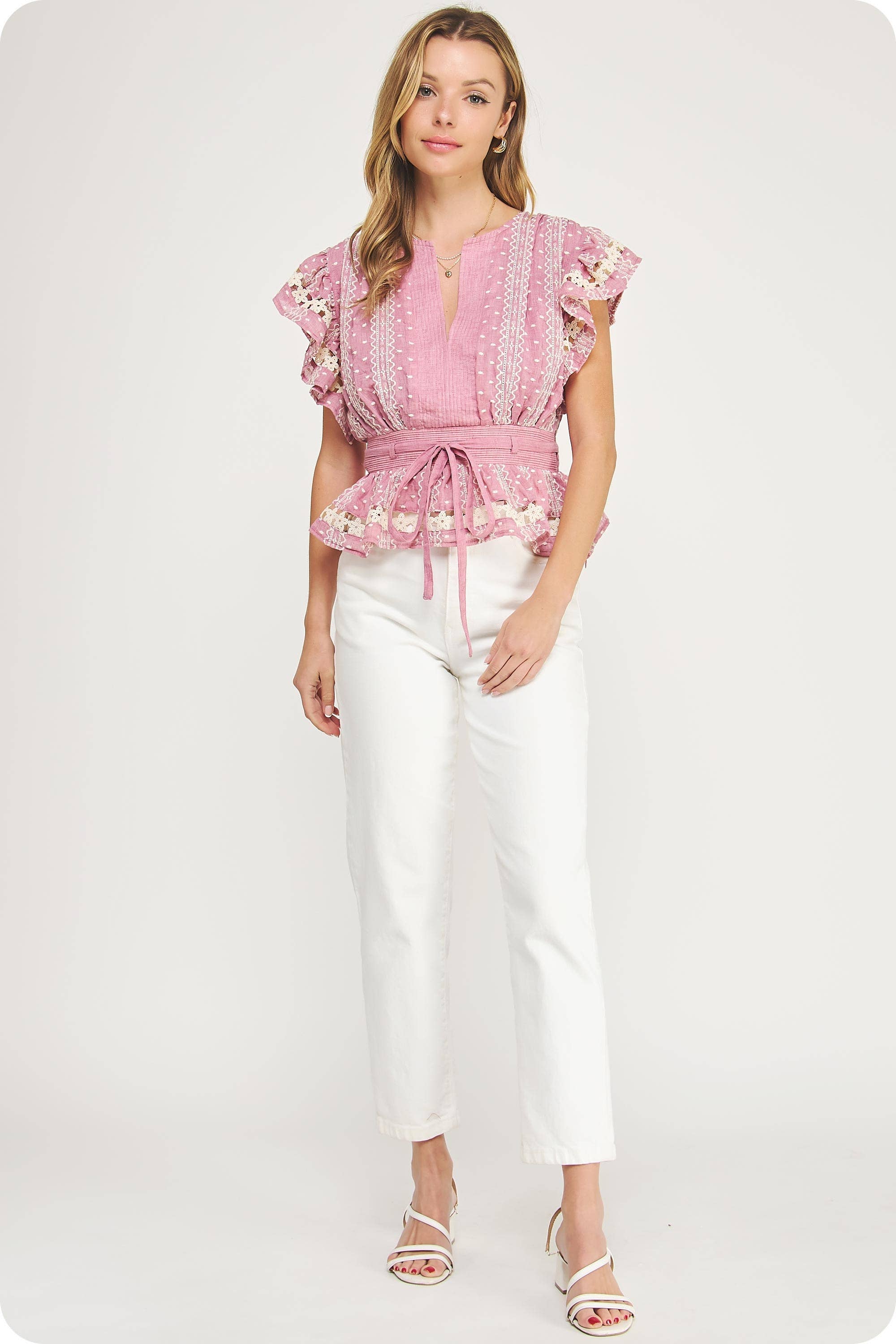 Bestickte Flutter Sleeves Lace Trim Detail Top
