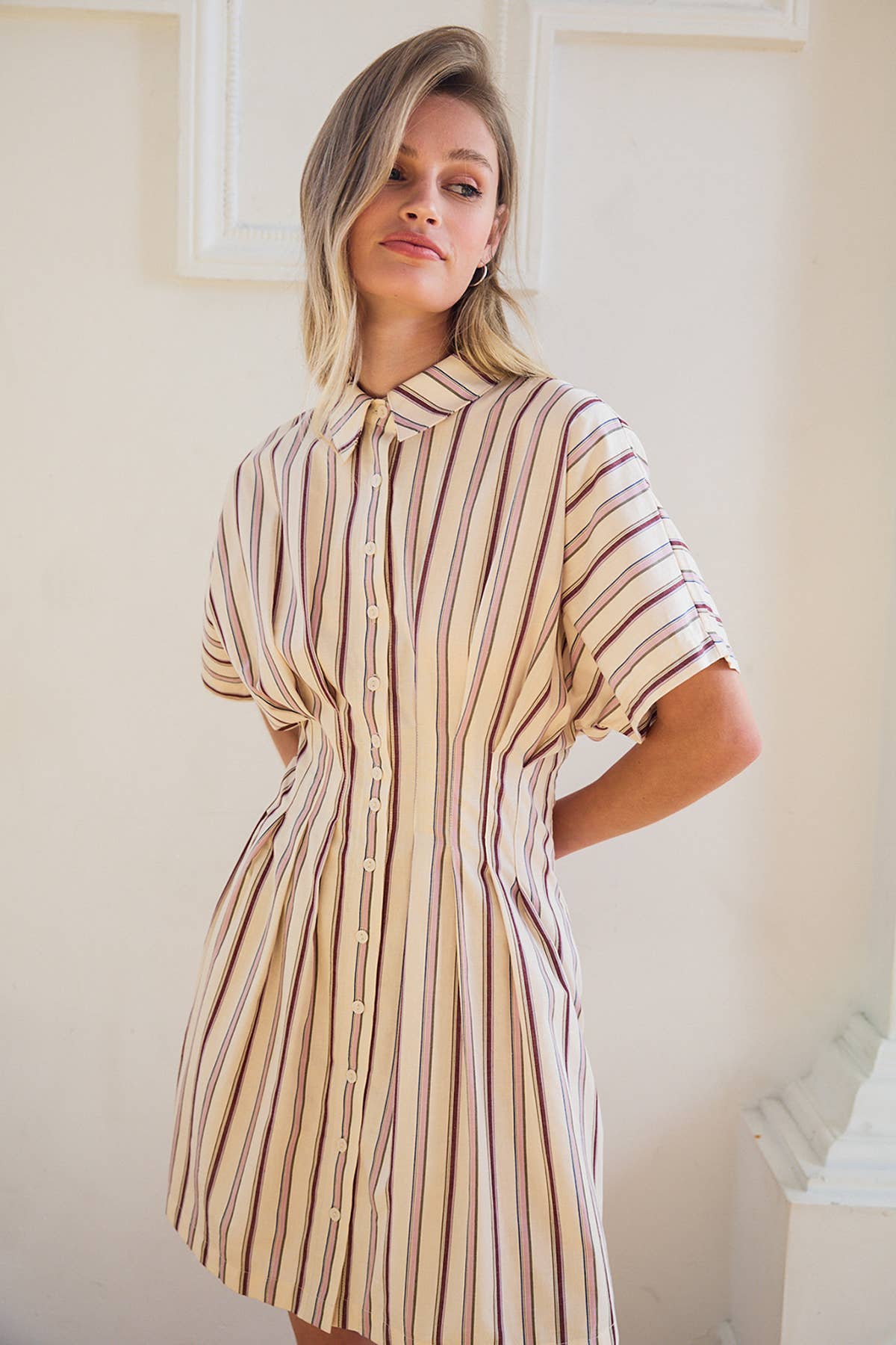 Stripe Dolman-Sleeve Button-Front Mini-Kleid