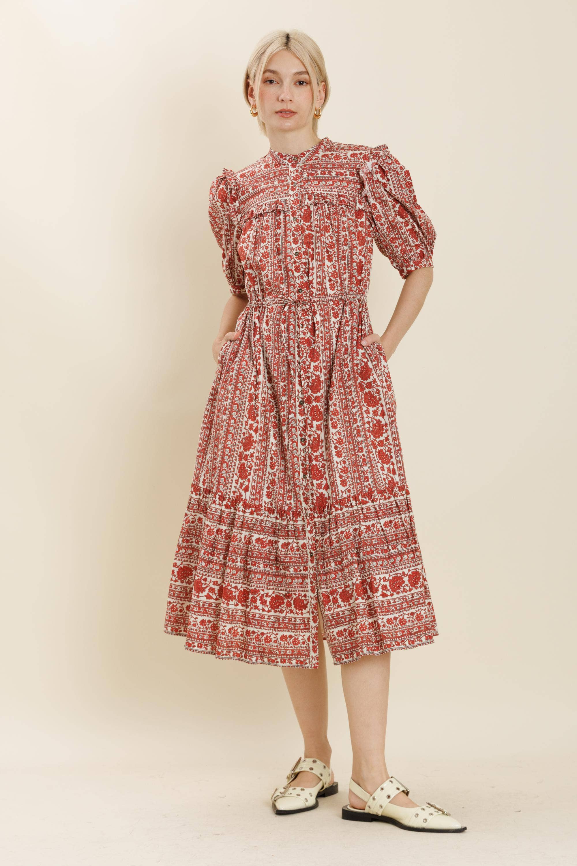 Blumen Ruffle Midi Kleid