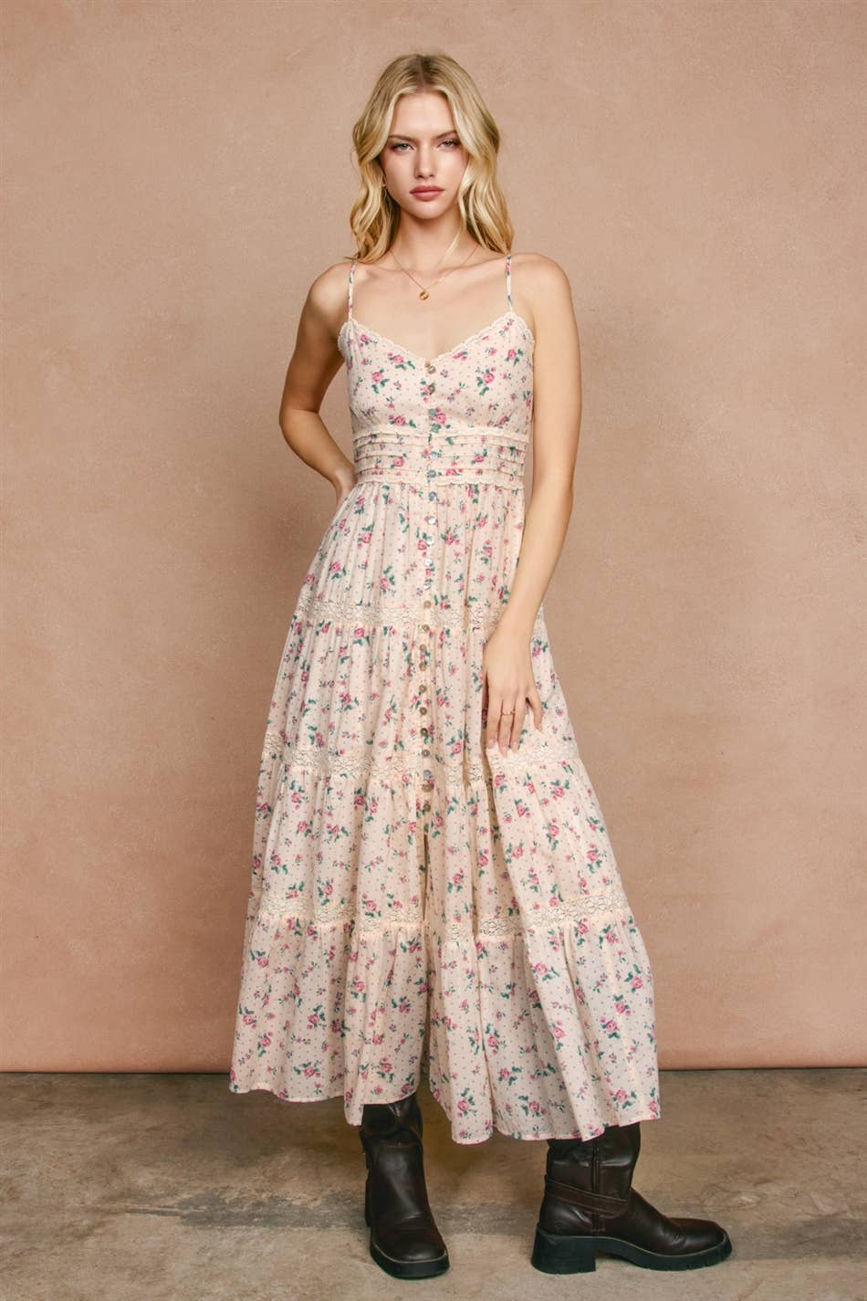 Blumen Polka Dot Lace Trim Tiered Maxi Kleid