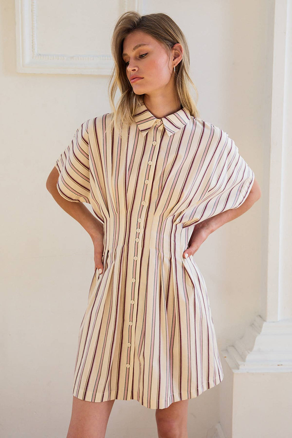 Stripe Dolman-Sleeve Button-Front Mini-Kleid