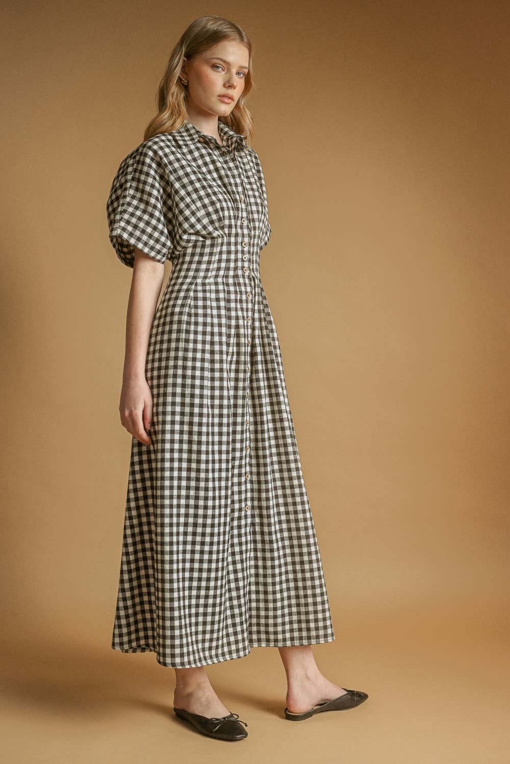Gingham Pattern Button Down Shirt Kleid