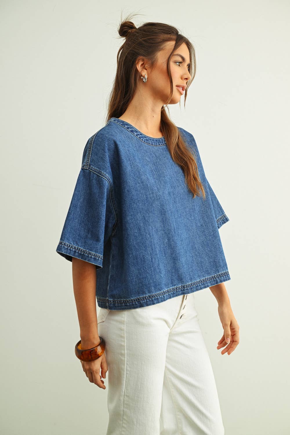 Round Neck Kurzarm Denim Top