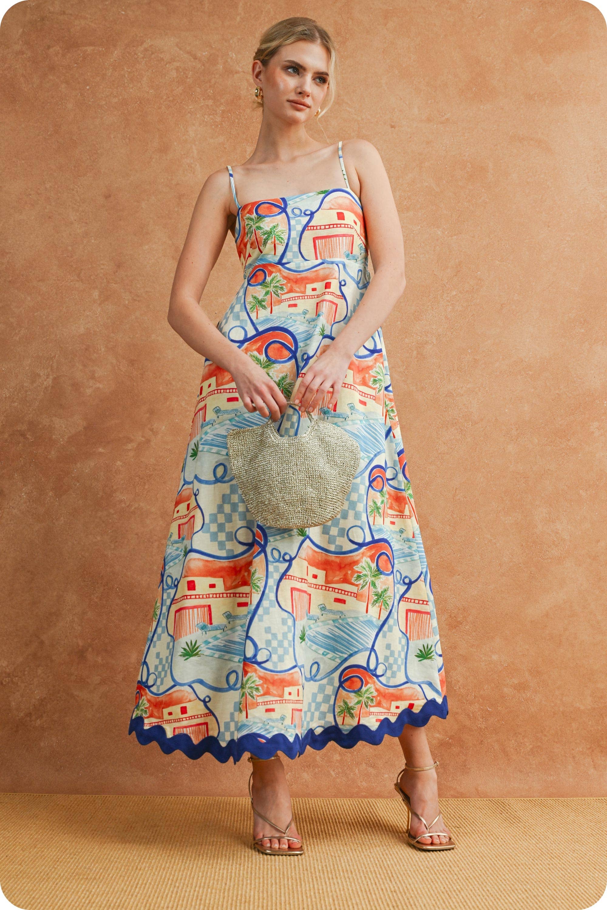 Riviera Dream Scalloped Ärmellos Midi Kleid
