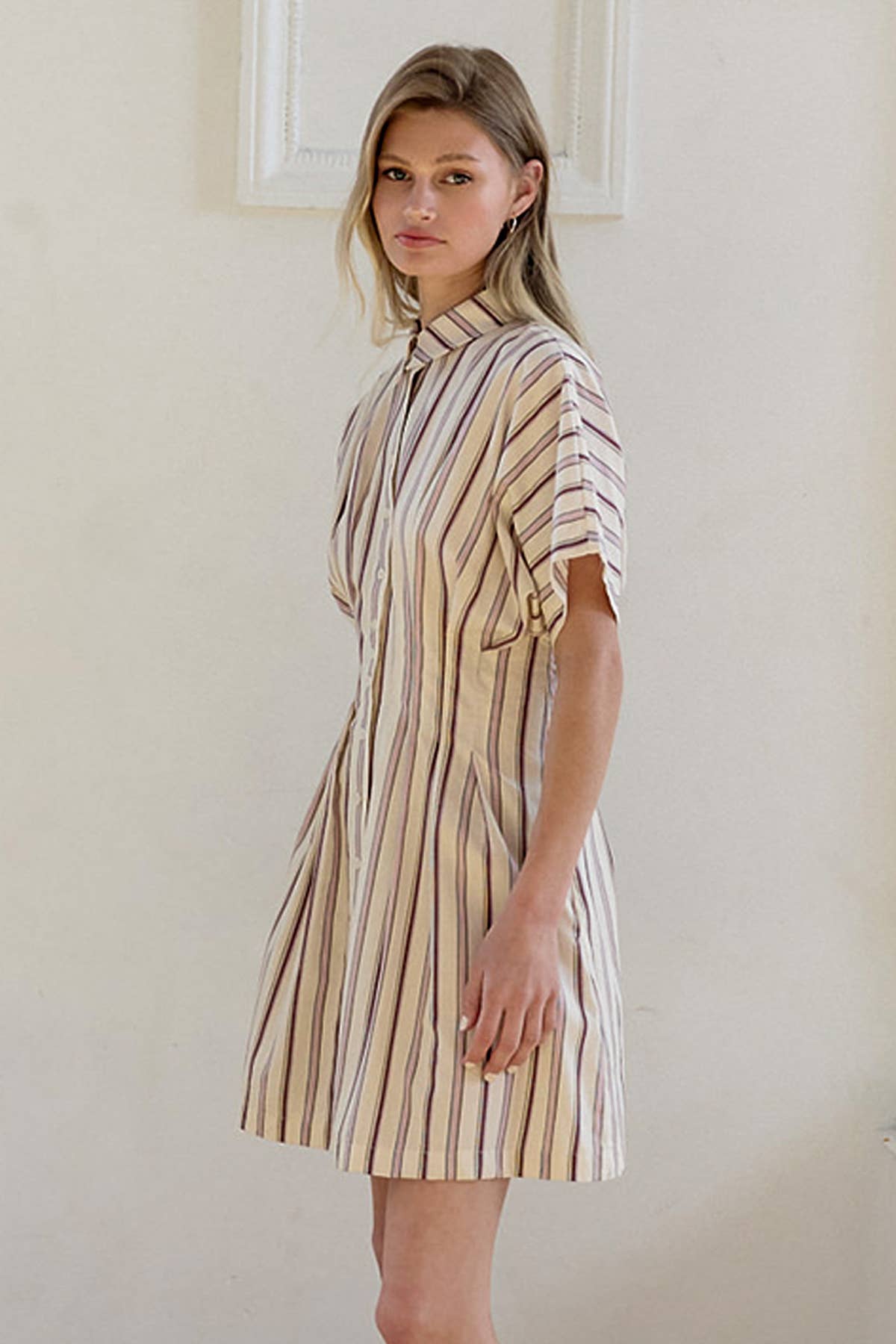 Stripe Dolman-Sleeve Button-Front Mini-Kleid