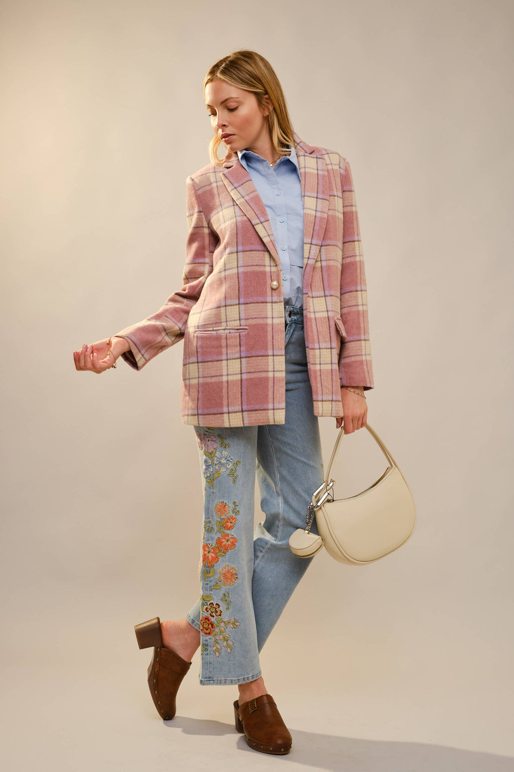Plaid Perle Button Blazer