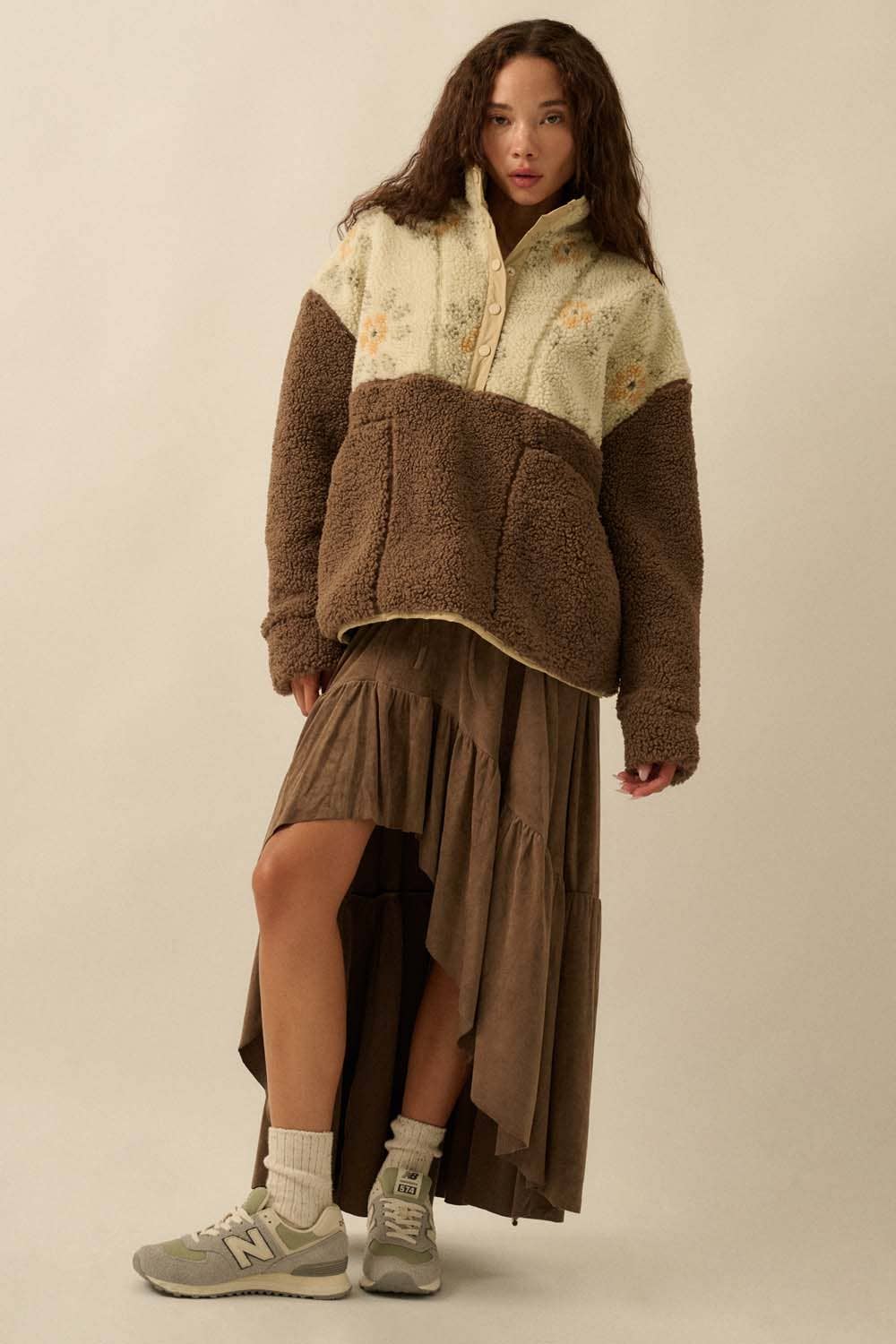 Colorblock Sherpa Fleece Halbschnapp-Pulloverjacke