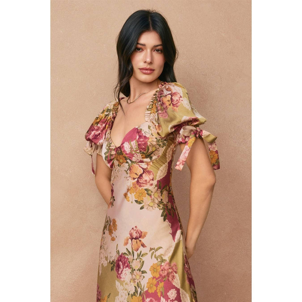Meadow Romance Bow Tie Puff Sleeve Dress