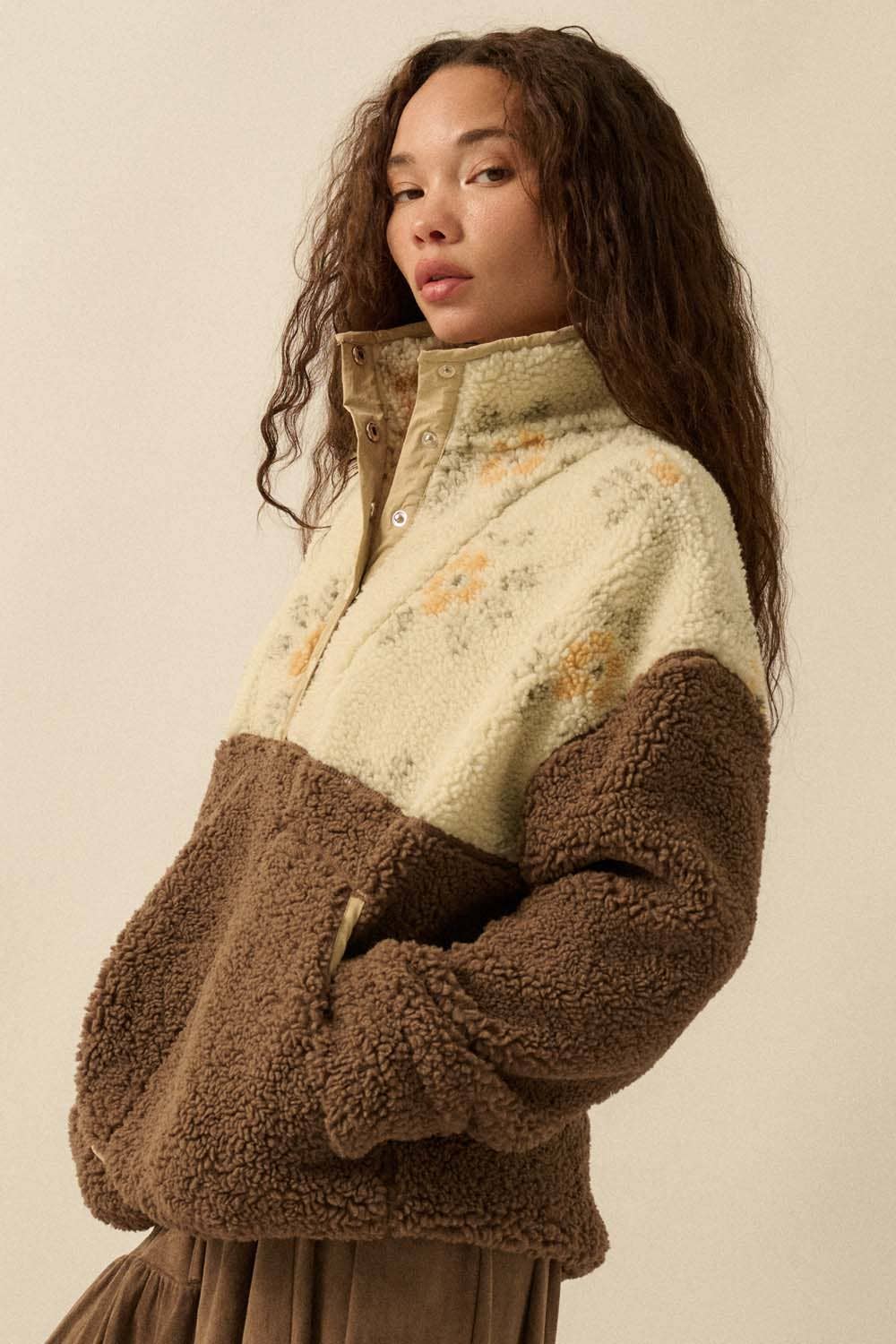 Colorblock Sherpa Fleece Halbschnapp-Pulloverjacke