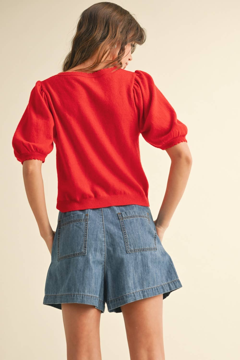 Puff Kurzarm Button Down Strick Cardigan
