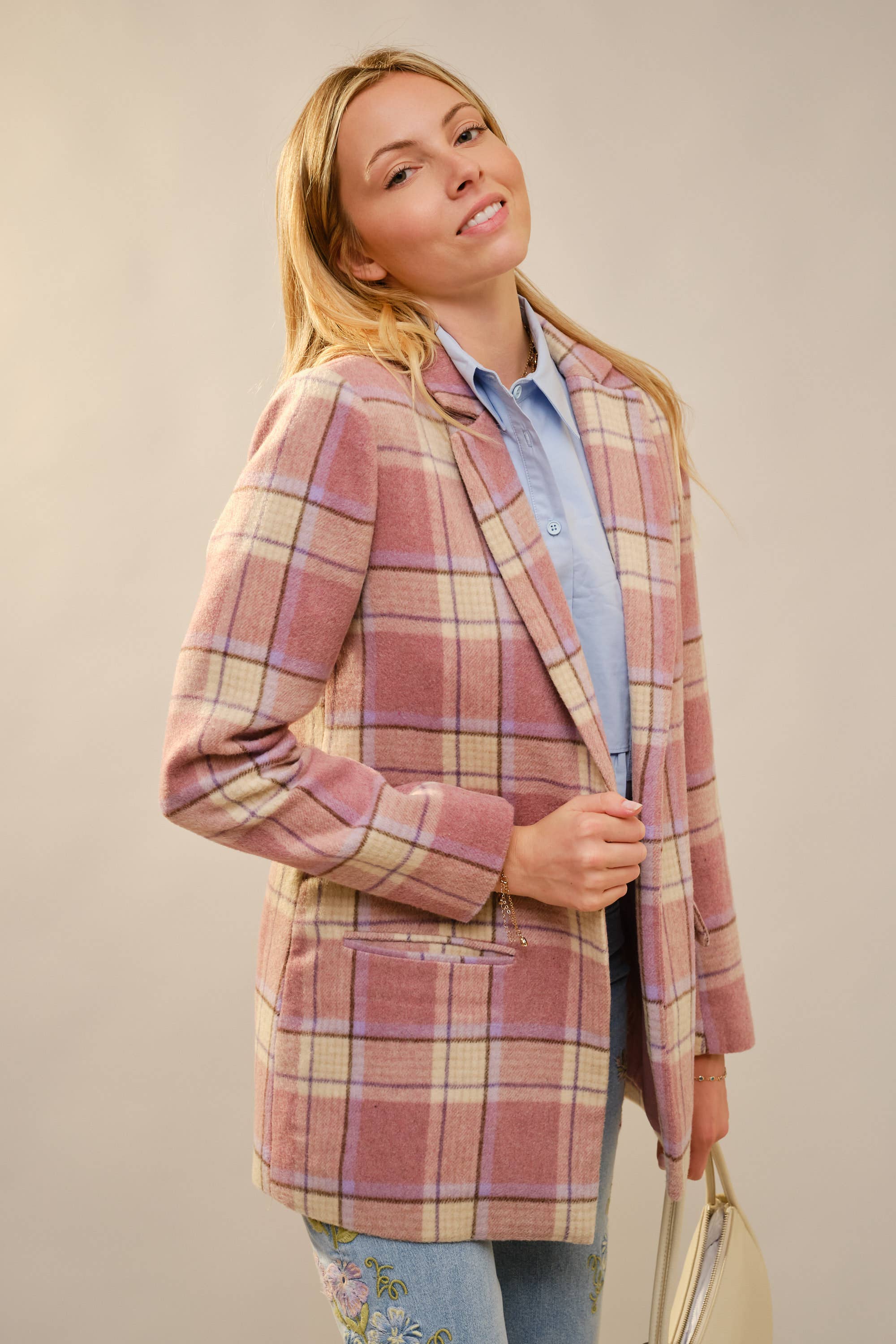 Plaid Perle Button Blazer