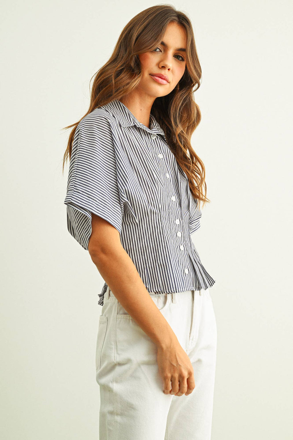 Stripe Button Front Shirt mit Pleated Taille Detail