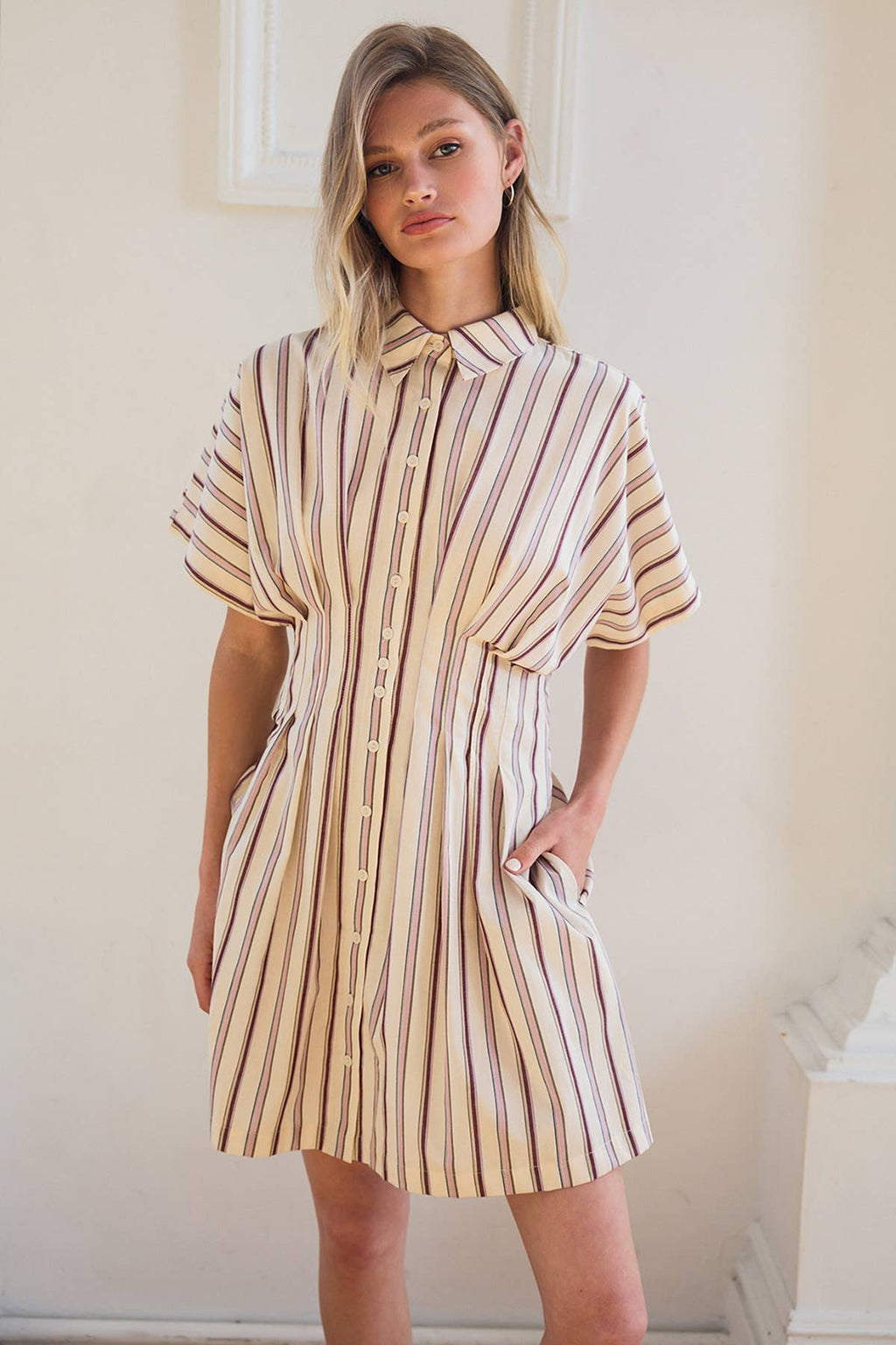 Stripe Dolman-Sleeve Button-Front Mini-Kleid